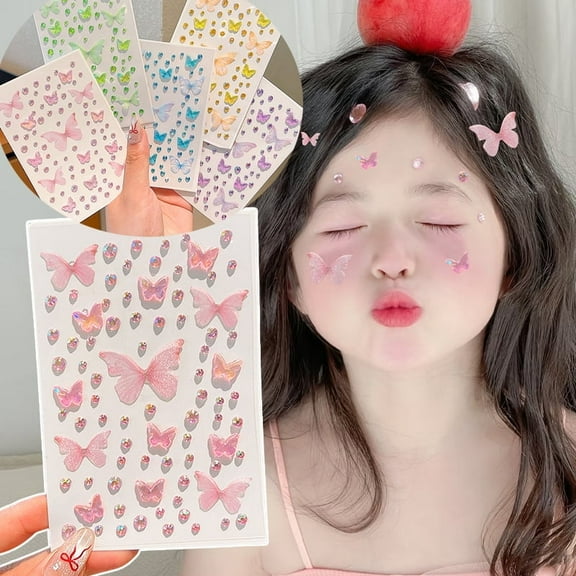 5 Sheet Children Self Adhesive Face Gems Stickers, Hair Gems Face Jewels Eye Butterfly Jewels Rhinestones Festival Essentials Rave Accessories Rhinestone Stickers, Eye, Makeup for Kids,Women