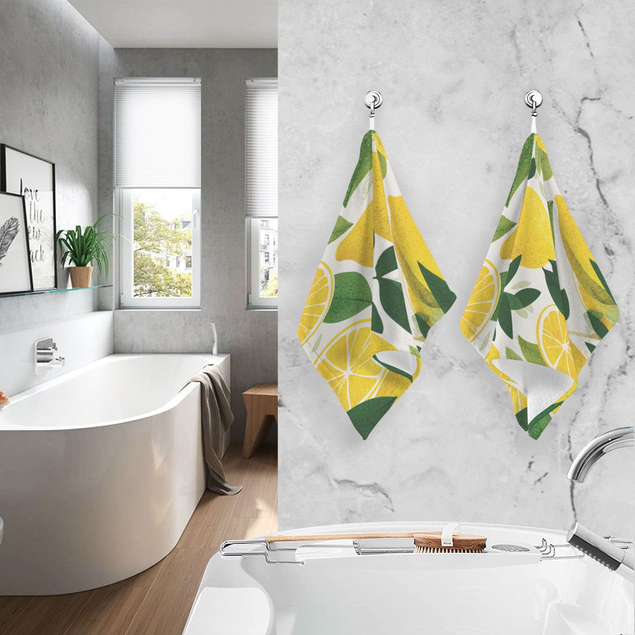 2 Pieces of Cotton Towel Face Towel Set Hand Towel Bath Towel Cotton Bath Towel Sets Yellow Lemon Pattern
