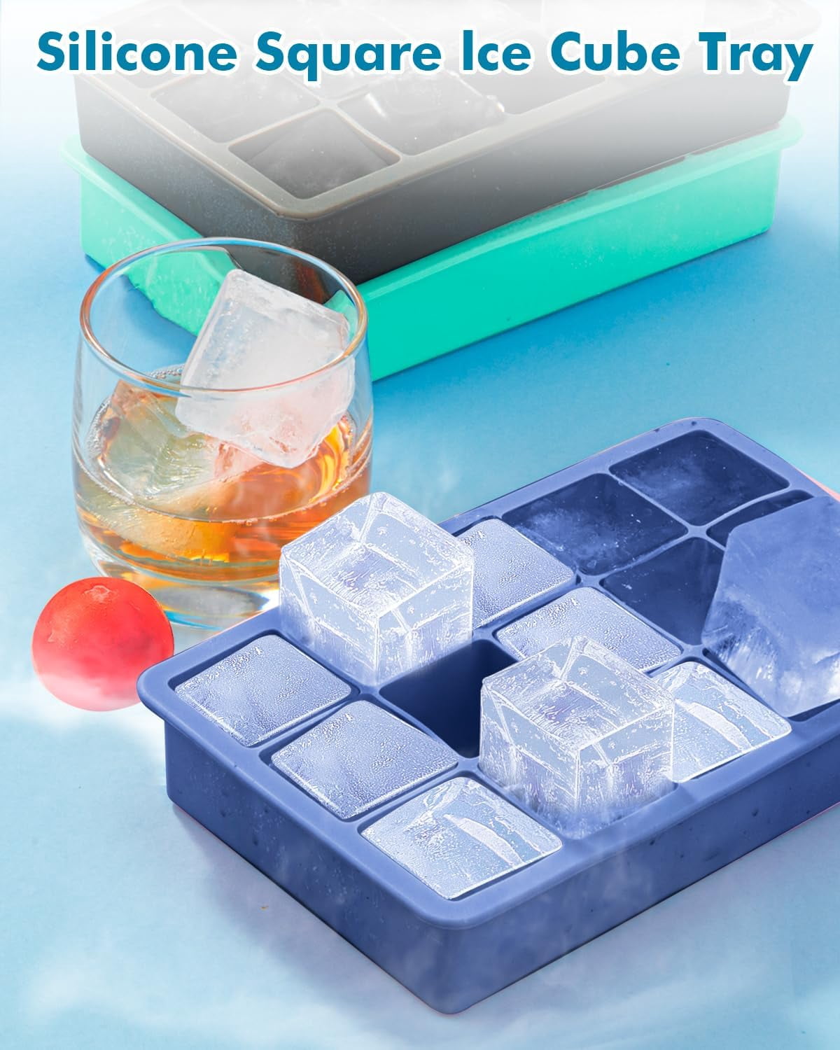 2-Pack Silicone Ice Cube Trays – 1.25" Square, 30 Cubes (15 per Tray), Easy-Release – BPA-Free – For Freezer/Cocktail/Whiskey – 5 Colors
