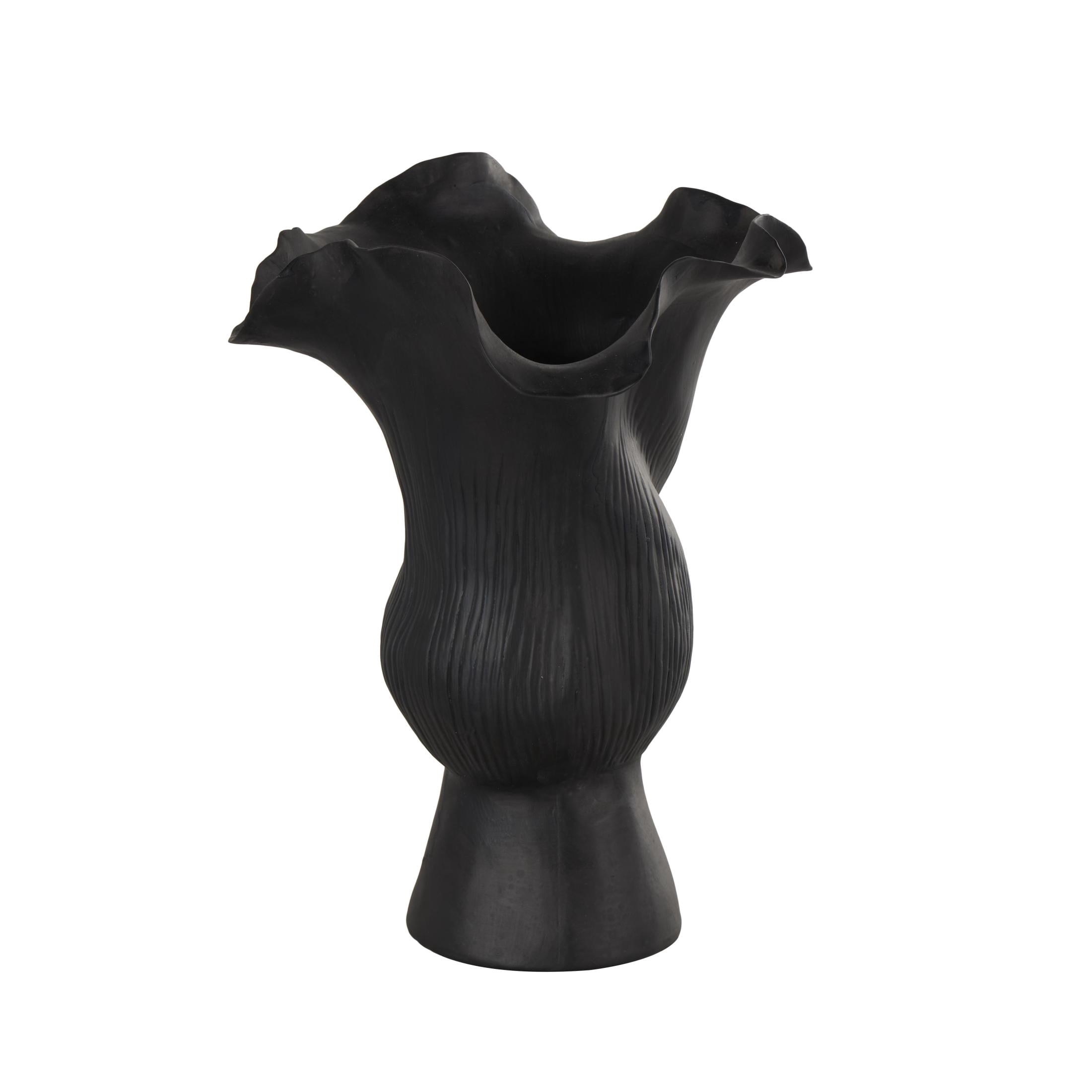 DecMode 11" Abstract Floral Inspired Black Ceramic Vase with Wavy Folded Rim and Linear Grooves