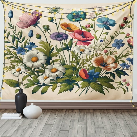 Ambesonne Floral Eucalyptus Tapestry Wall Hanging, Colorful Blossomy, 80"x60", Champagne and Multicolor