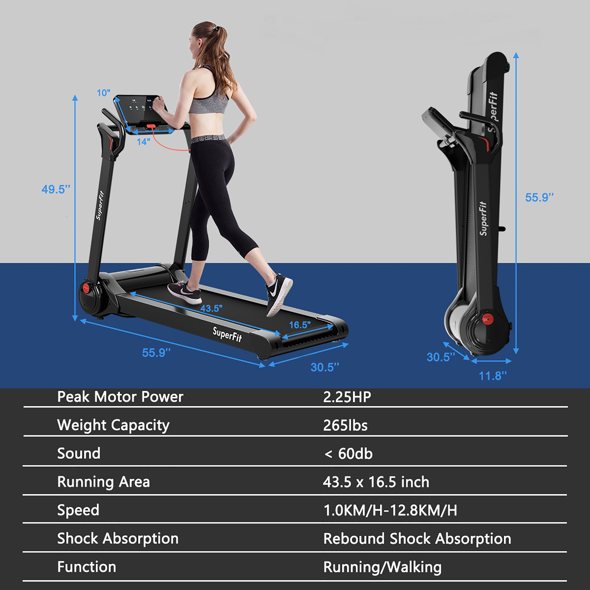 SuperFit 2.25HP Folding Electric Motorized Treadmill With Speaker - image 5 of 10