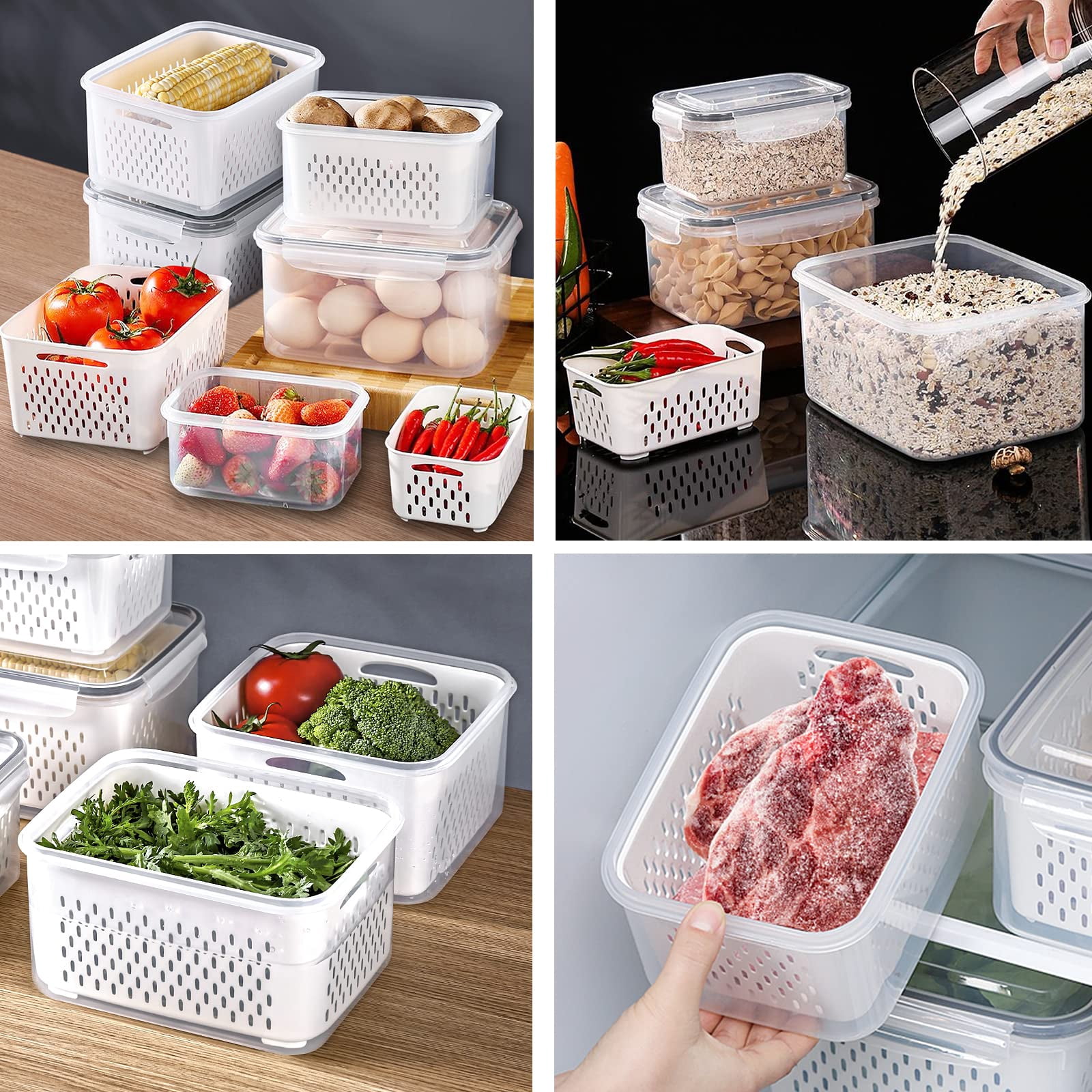 4 Pack Large Fridge Food Storage Container Set With Lids Strainer  Fruit Vegetable Containers Keep Fruits Vegetables Berry Meat Fresh Longer Plastic Produce Keepers