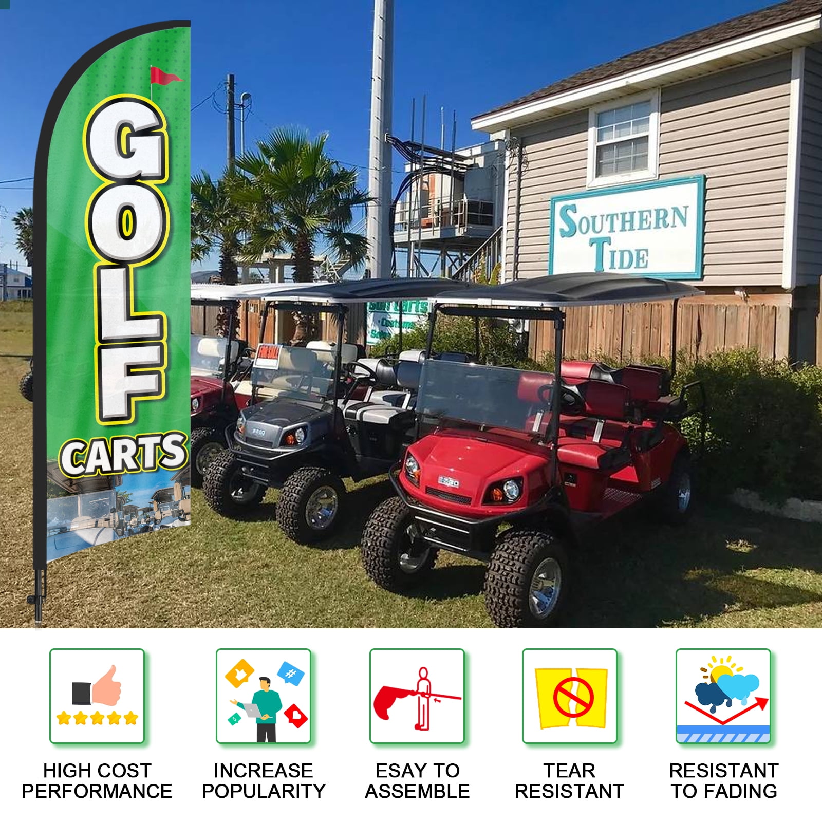 QSUM Golf Carts Advertising Swooper Flag Sign, Golf Carts Feather Flag Pole Kit with Ground Spike, 7Ft Advertising Feather Banner Sign for Golf Carts Business