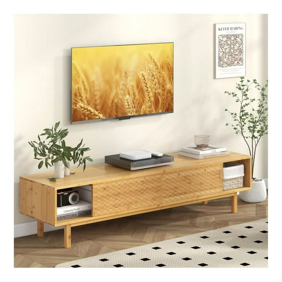 63" Bamboo TV Stand with Sliding Doors, Mid Century Modern Entertainment Center for TVs up to 70 Inch, Living Room Media Console with Storage