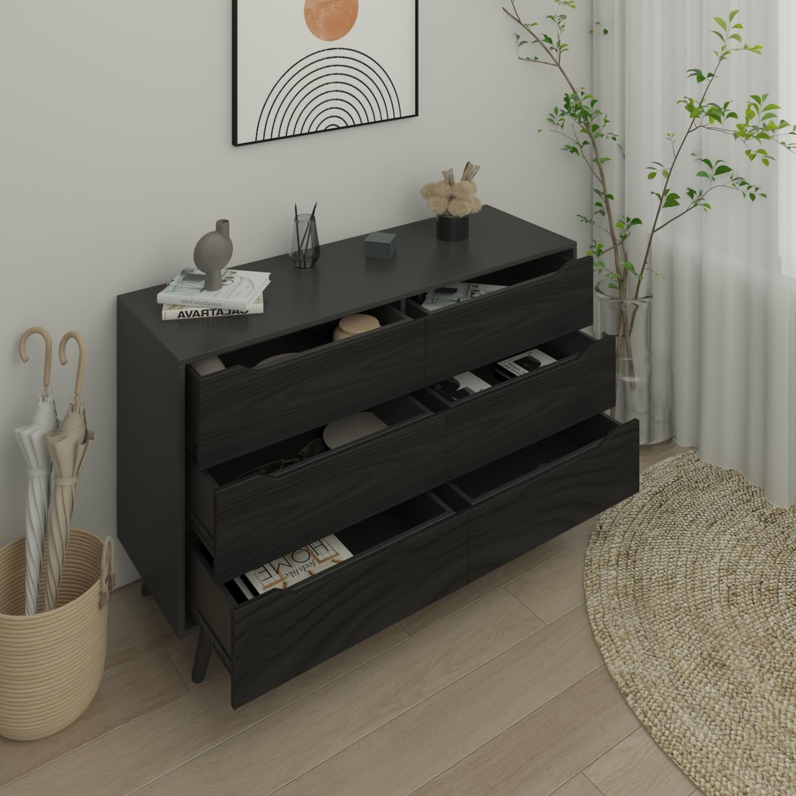 HARBOURSIDE 6-Drawer Dresser, Modern Mid-Century Chest for Bedroom, Living Room, Black