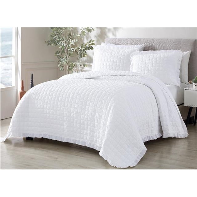 RT Designers Collection BSB42797K Bolla Ruff Washed Quilt Set, White - King Size