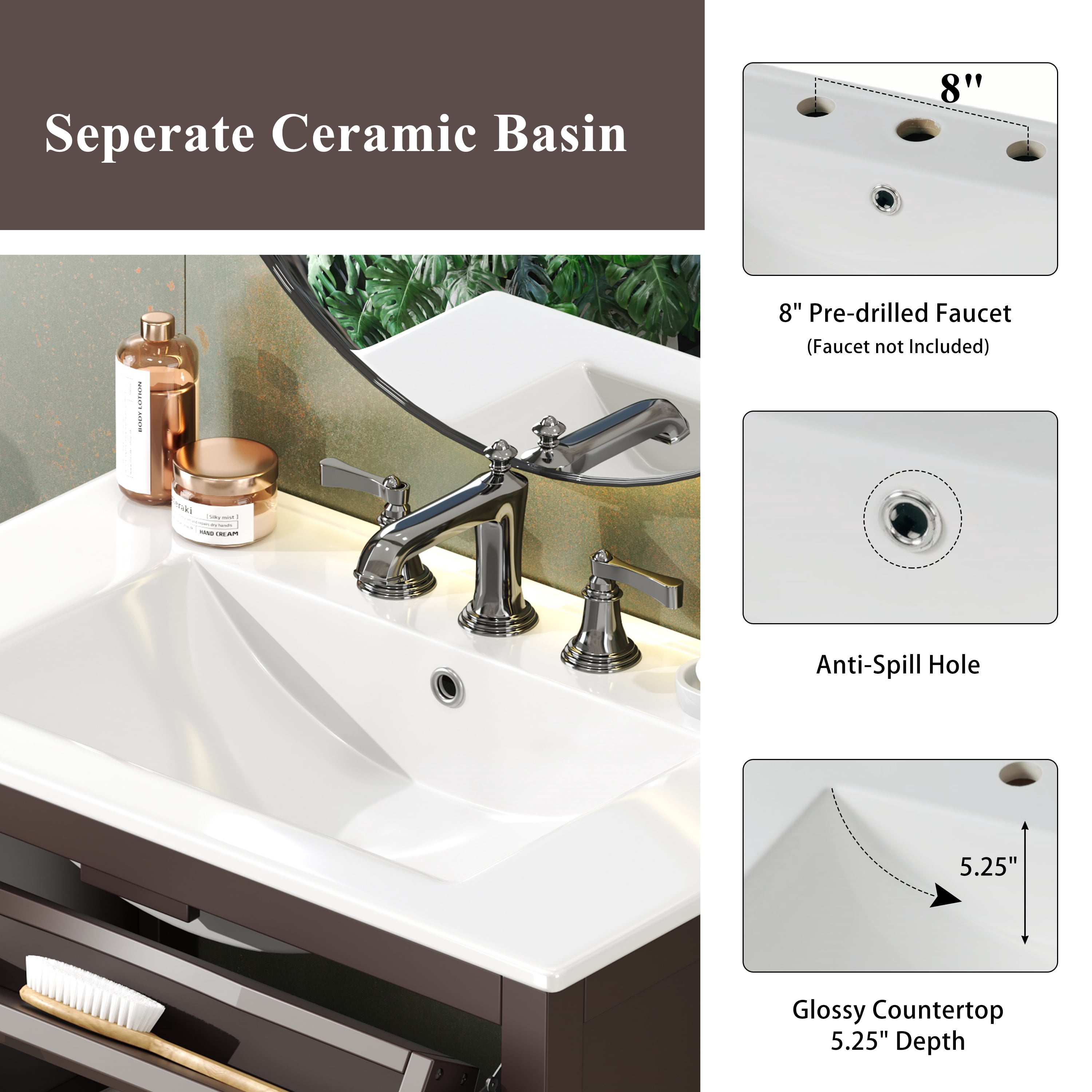 Euroco 30" Bathroom Vanity with Ceramic Sink, Equipped with Adjustable Shelf and Tip-Out Tray, Bathroom vanity with Solid Wood Legs, Silver Metal Knobs and Soft Close Hinges, Dark Brown