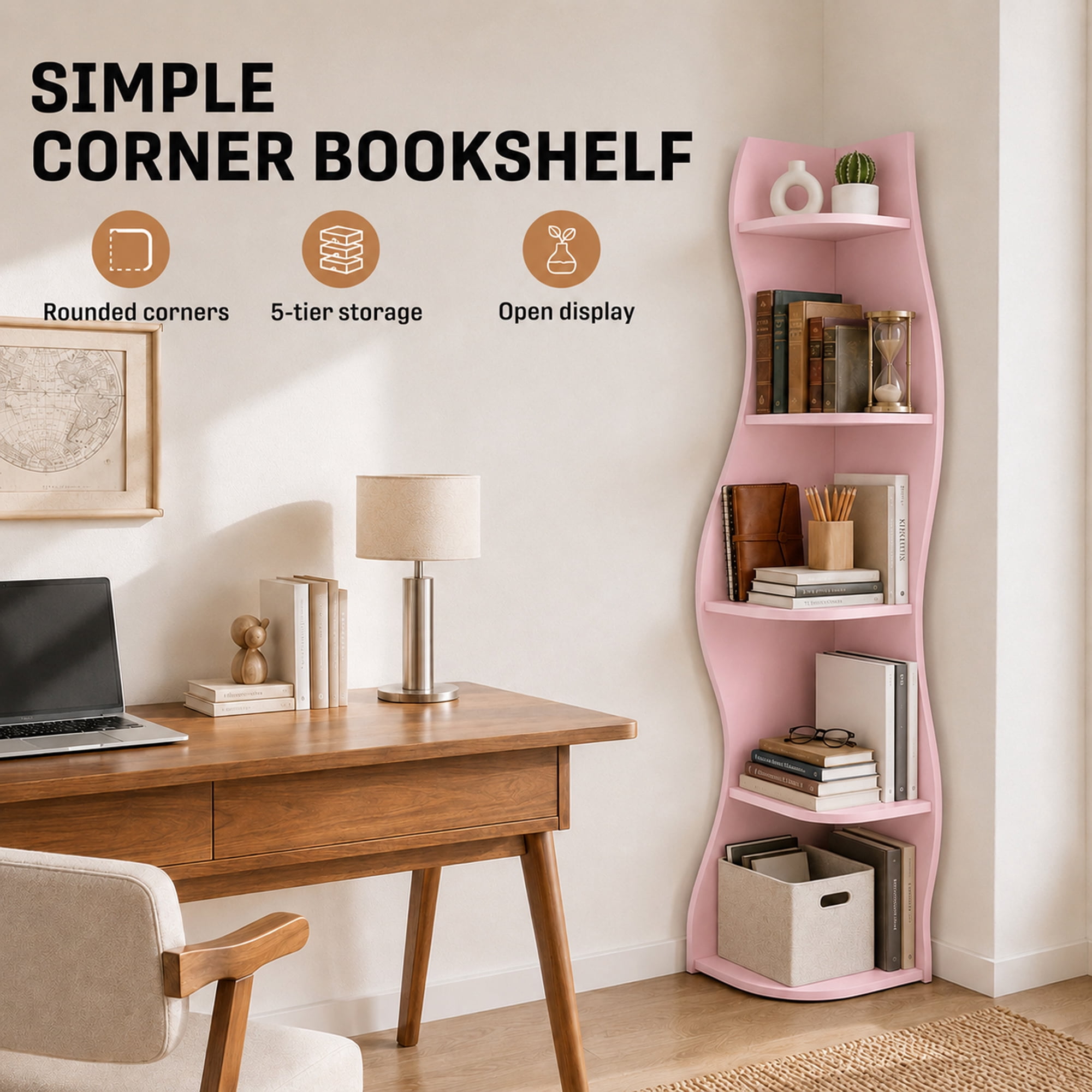 Leumius 5-Tier Bookshelf,Freestanding S-Shaped Corner Shelf Curved Display Rack,Space-Saving Corner Display Bookshelf/Plant Stand for Living Room Home Office,Pink