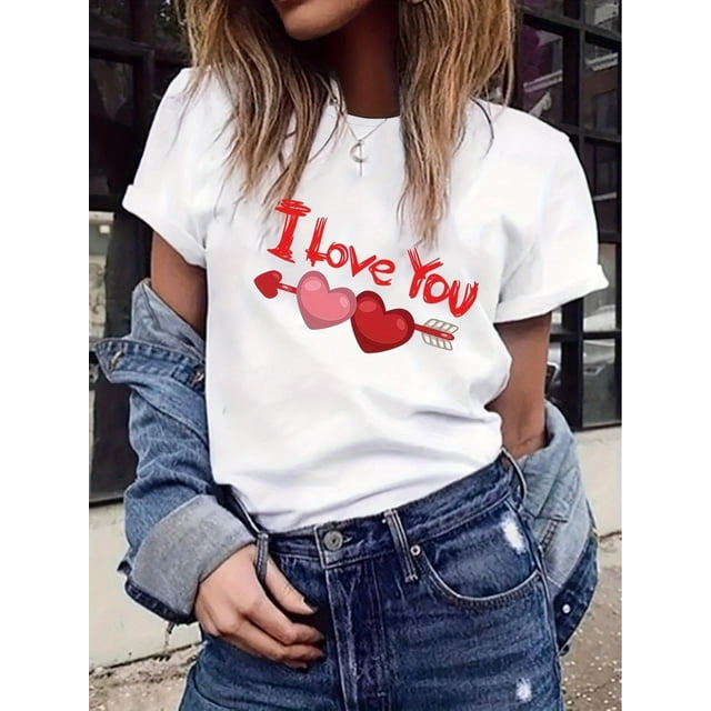T-Shirt Femme Imprimé Cœur "I Love You" pour la Saint-Valentin - Col Rond Décontracté et Confortable Manches Courtes en Blanc, Mélange Polyester Extensible et Élasthanne, Parfait pour Tenue Décontractée pour Adulte, Homme, Femme