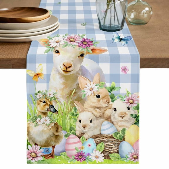 Easter Table Runner 60 Inches, Spring Bunny Sheep Floral Eggs Botanical Blue Check Bed Runner Dresser Scarves Tabletop for Indoor Outdoor Parties/Ceremony/Banquet, 13" x 60"