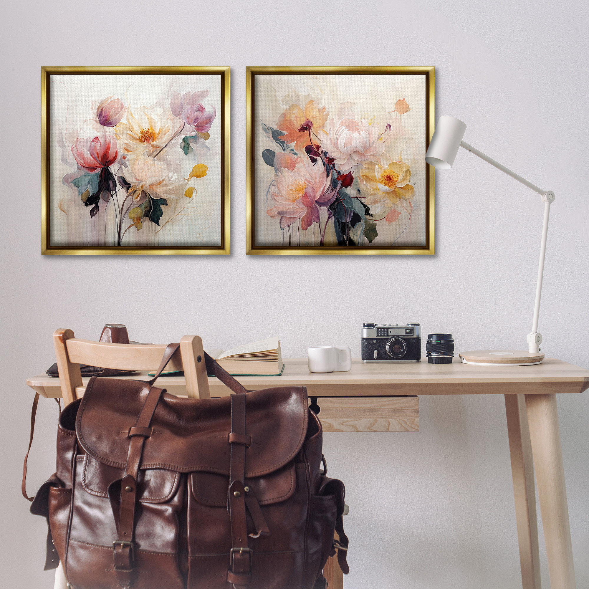 Stupell Industries Soft Blooms on Beige Botanical & Floral Painting Gold Floater Framed Canvas Art Print Wall Art, 25 x 25, Set of 2