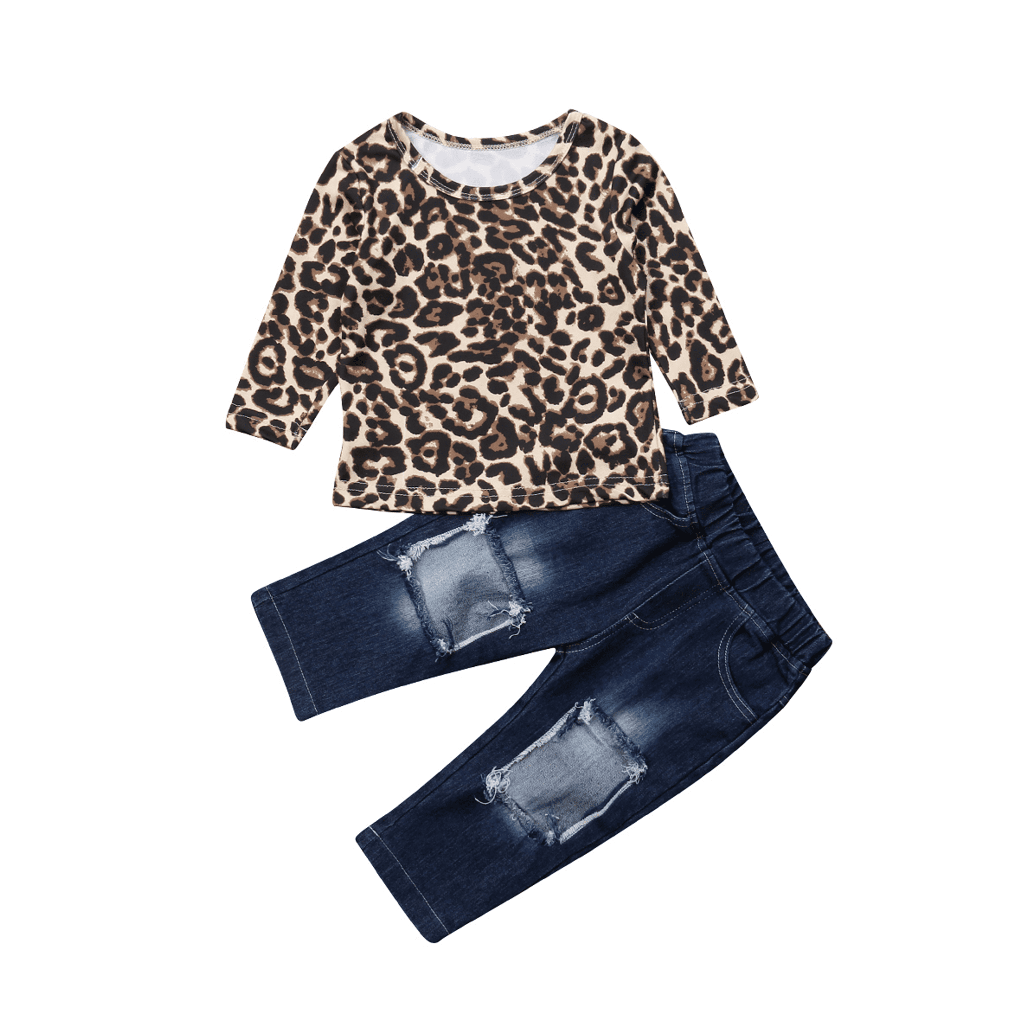 Kids Baby Girl Leopard Outfits Long Sleeve Tops+Ripped Denim Jeans Pants Clothes