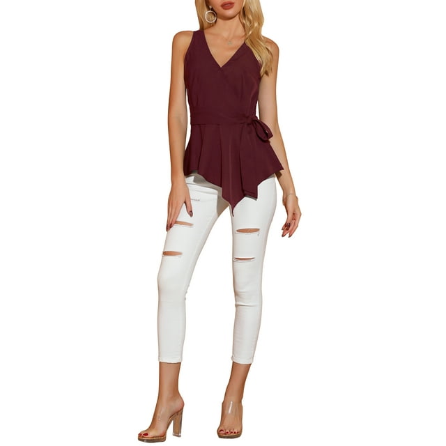 INSPIRE CHIC Haut d'Été Sans Manches à Encolure en V Portefeuille à Taille Nouée pour Femme P Rouge Vin