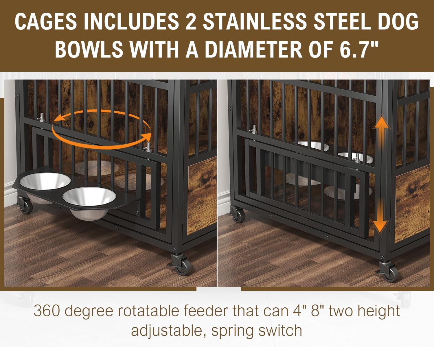 HAUXITIO 44" Heavy-Duty Dog Crate Furniture with 3 Doors, Locking Wheels & LED Light, Wood End Table Kennel for Large Dogs, 44.1"L x 26.8"W x 37.8"H