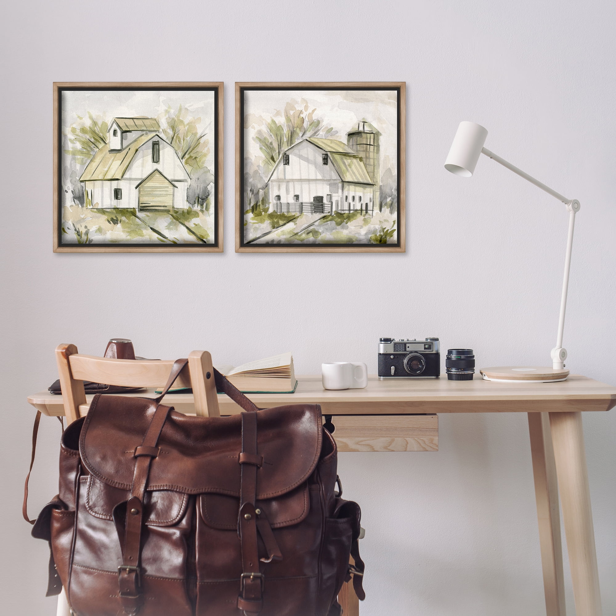 Stupell Industries Sketch Drawing Barn Silo Landscape & Nature Painting Brown Floater Framed Canvas Art Print Wall Art, 18 x 18, Set of 2