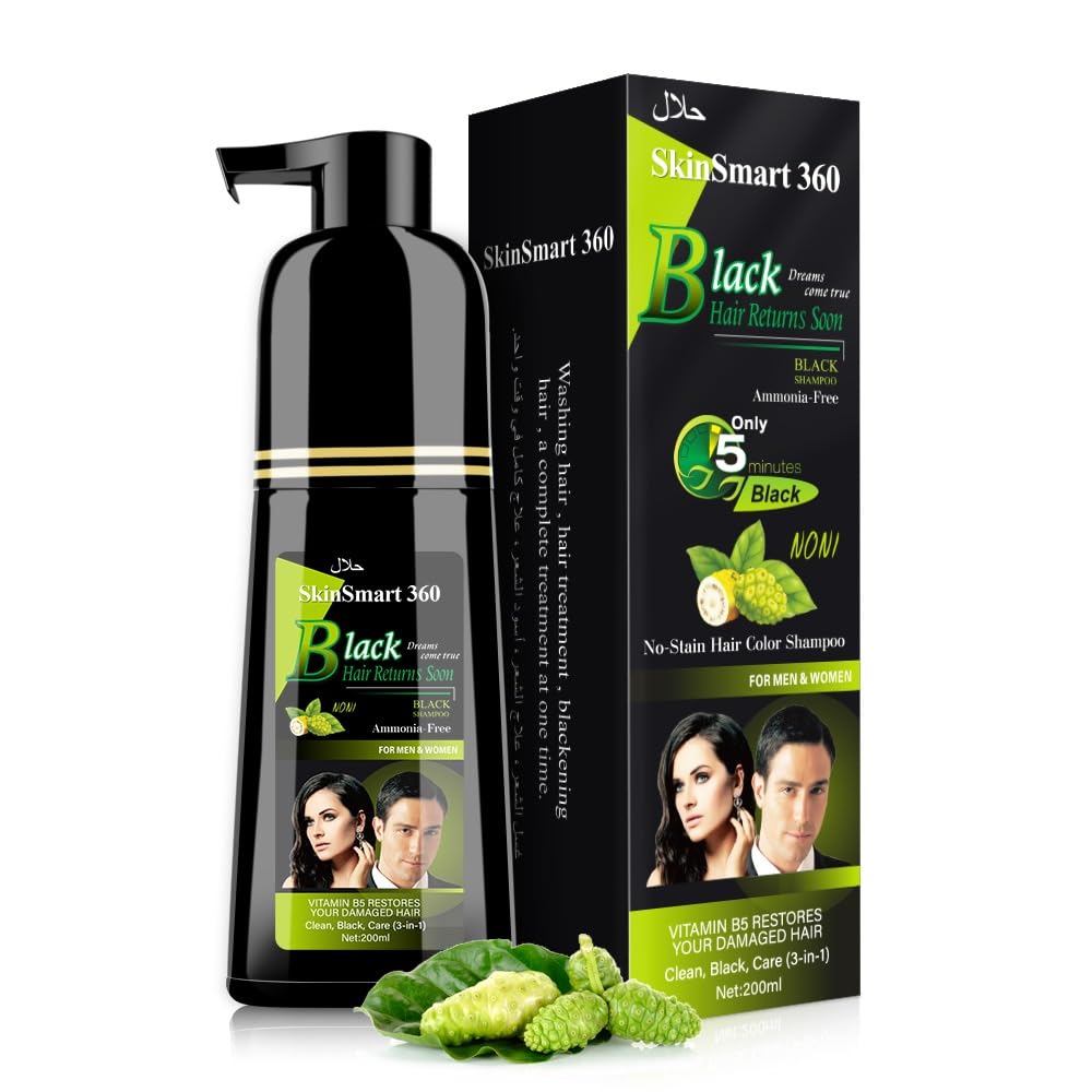 No-Stain Hair Dye Shampoo for Men & Women, No-Stain Skin & Scalp, Natural Ingredients, Ammonia & Parabens-Free, Up to 100% Gray Coverage, Easy No-Mix Application, 200 mL, Pack of 1 (Natural Black) C8