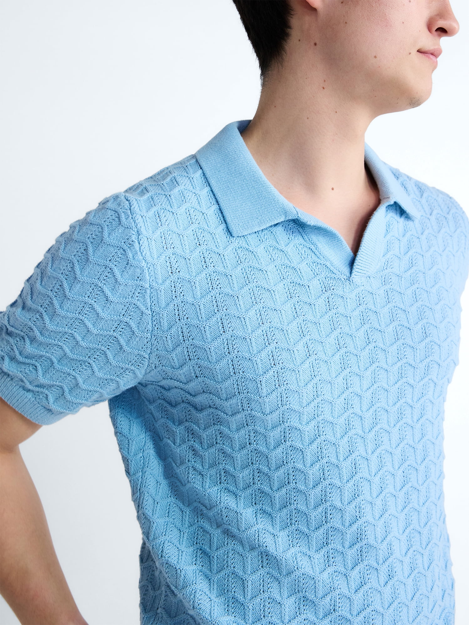 Free Assembly Men's Wavy Stitch Cotton Polo Sweater with Short Sleeves, Sizes S-3XL