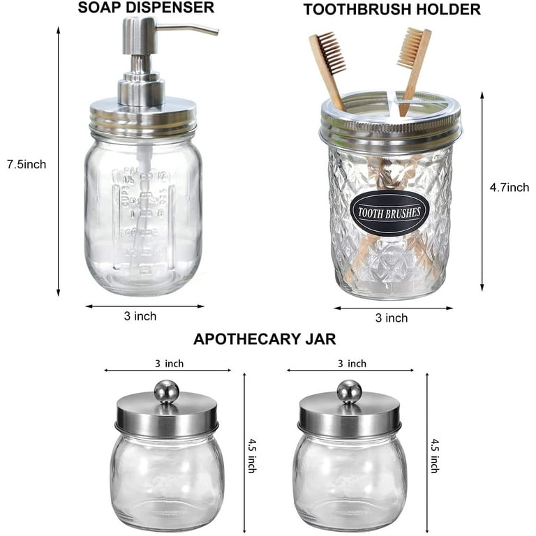 Flashmen Mason Jar Bathroom Accessories Set of 4, Lotion Soap Dispenser  Toothbrush Holder 2 Apothecary Jars Qtip Holder Cotton Ball Holder Glass
