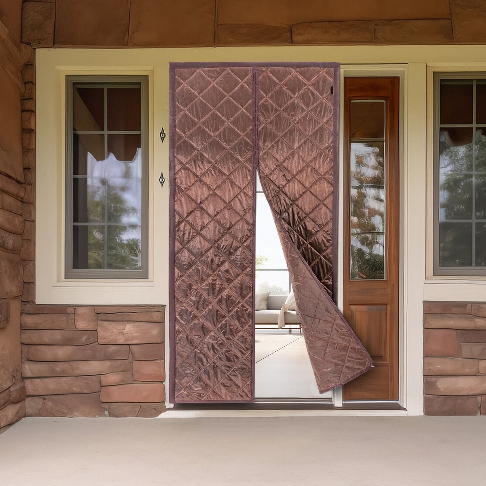 Magnetic Thermal Insulated Door Curtain Waterproof Doorway Curtain Cover Coffee 40*84in