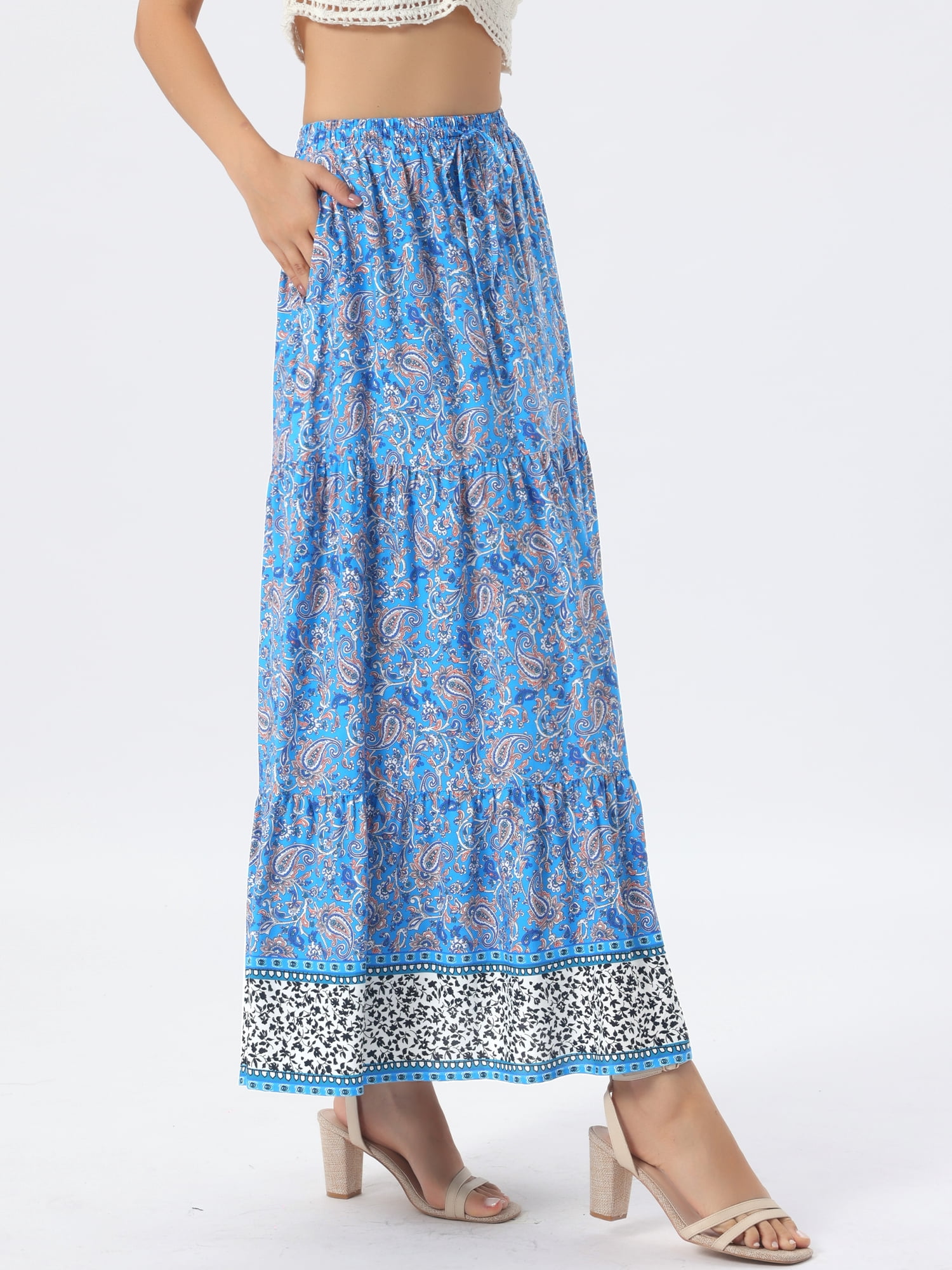 DARING DIVA Women's Boho Flare Floral Skirt X-Small Sky Blue