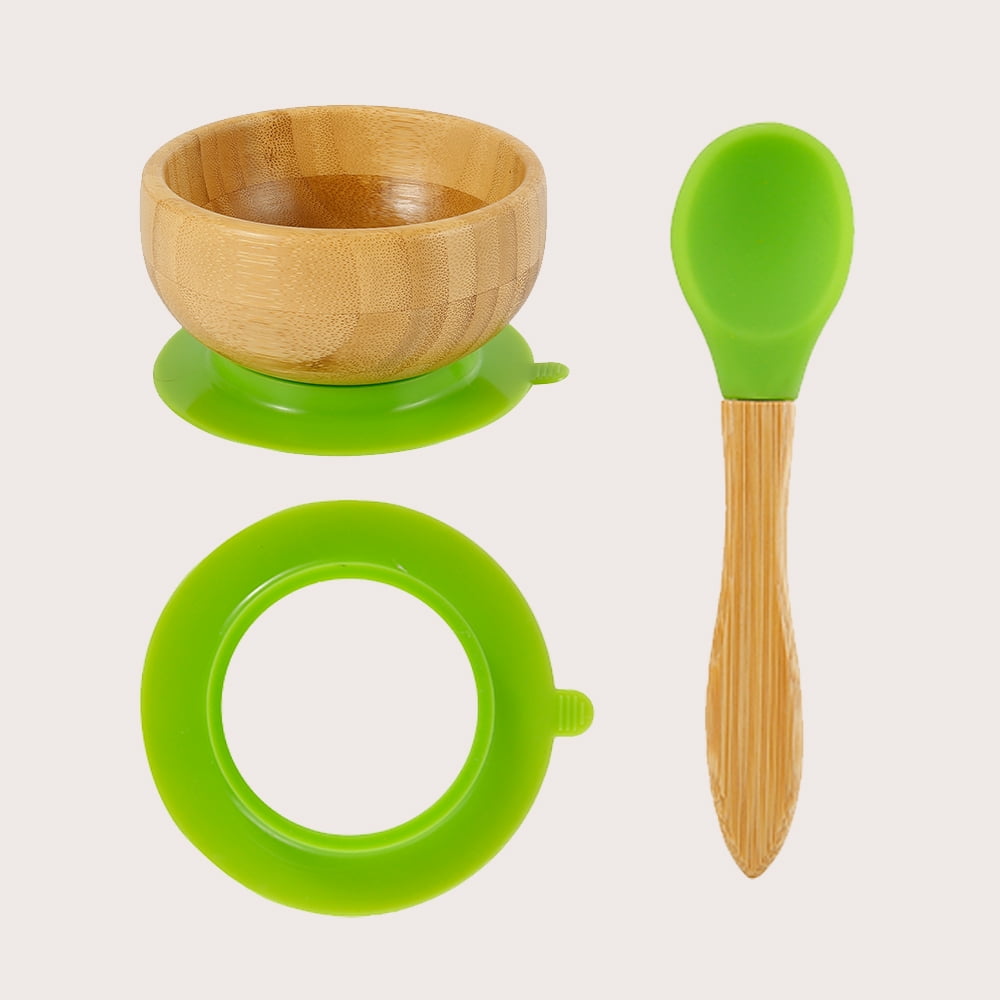 Natural Bamboo Stay Put Feeding Bowl Blue Easy Feed Baby Suction Bowl and Matching Spoon Set