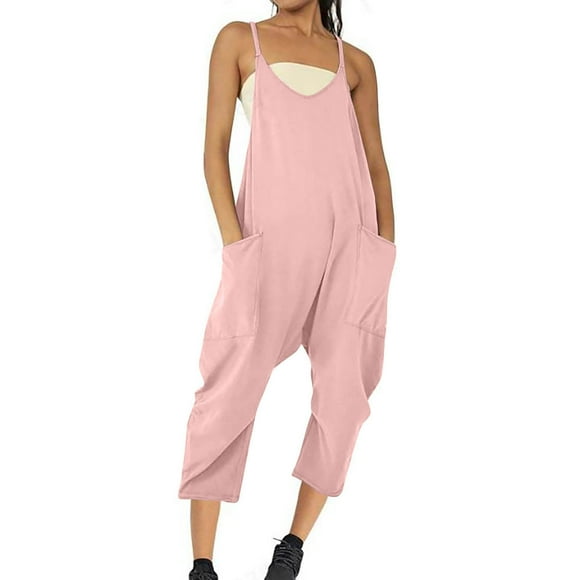 Pisexur Womens Jumpsuits Solid Color V Neck Rompers Fashion Spaghetti Strap Jumpers Casual Loose Sleeveless Overalls Comfy Baggy One Piece Jumpsuits with Pockets