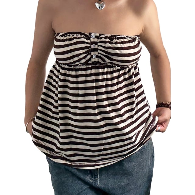 Argulvti Women Tube Top, Strapless Backless Solid/Stripes Vest Pleated Summer Tops