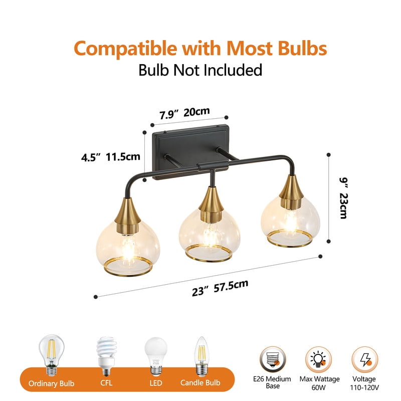 23" Modern Black and Gold 3-Light Bathroom Vanity Light Fixture, Clear Glass Shades Wall Sconce for Mirror, Living Room, or Vanity (Bulbs Not Included)