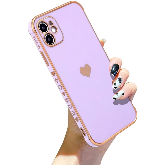 Compatible for iPhone 11 6.1 Inch Case Plating Love Heart Phone Case, Fun Cute Side Small Pattern Soft TPU Airbag Anti-Fall Shockproof Camera Protective Electroplated Case - Pink