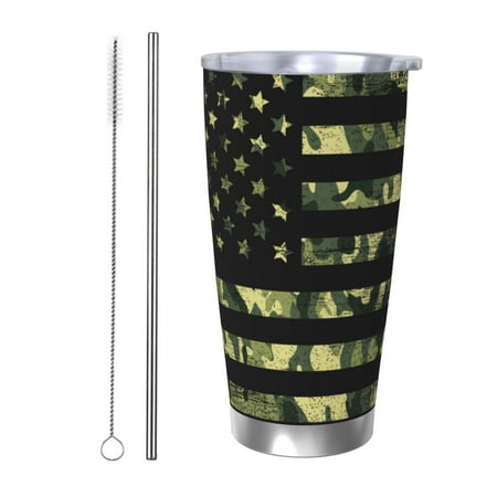 

Gaeub American Flag Camo Print 20-Ounce Stainless Steel Car Cup Tumblers Cups with Lids and Straw Coffee Cups for Adults Kids Home Car Office School Travel Party-Straw Two-piece Set