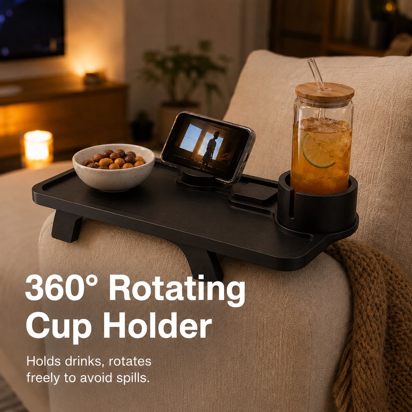 Alvantor 3-in-1 Acacia Wood Sofa Arm Tray with Rotating Phone Holder