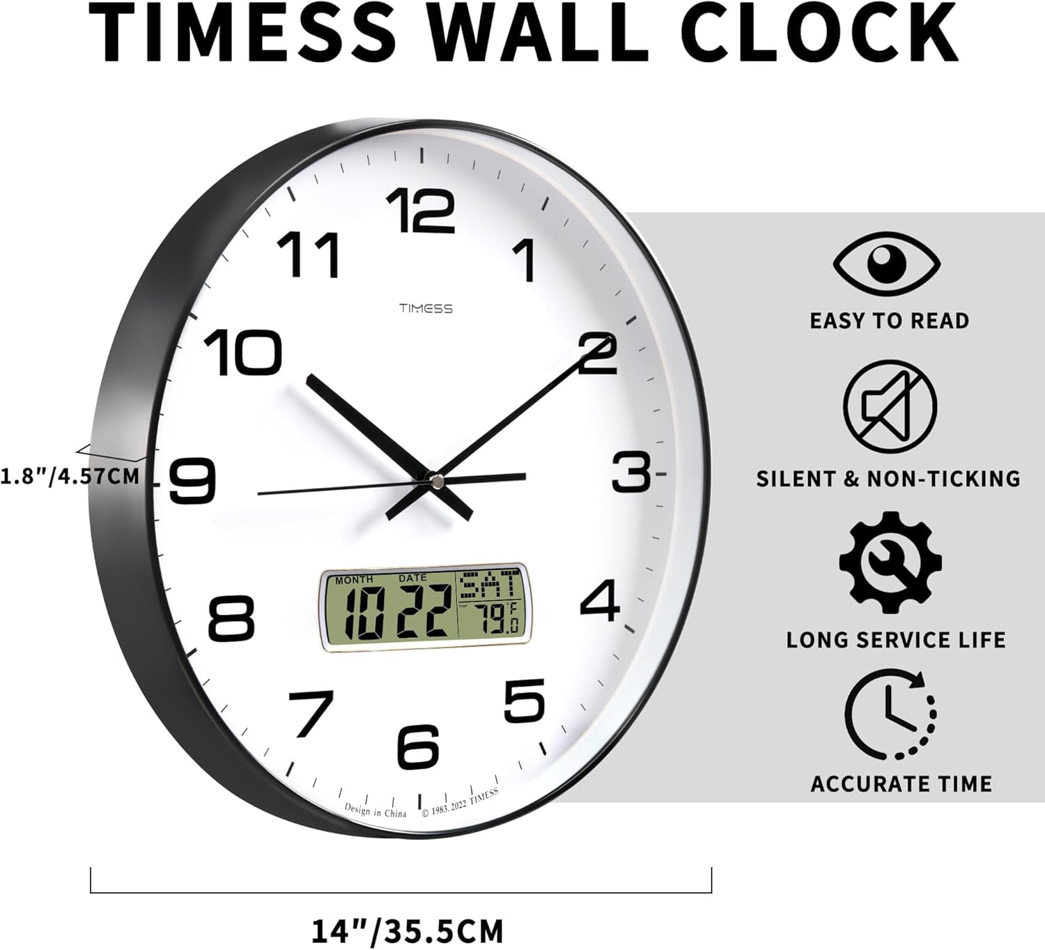 TIMESS 14" Analog Wall Clock with Date Display, Battery Operated Modern Clock for Living Room (Black)