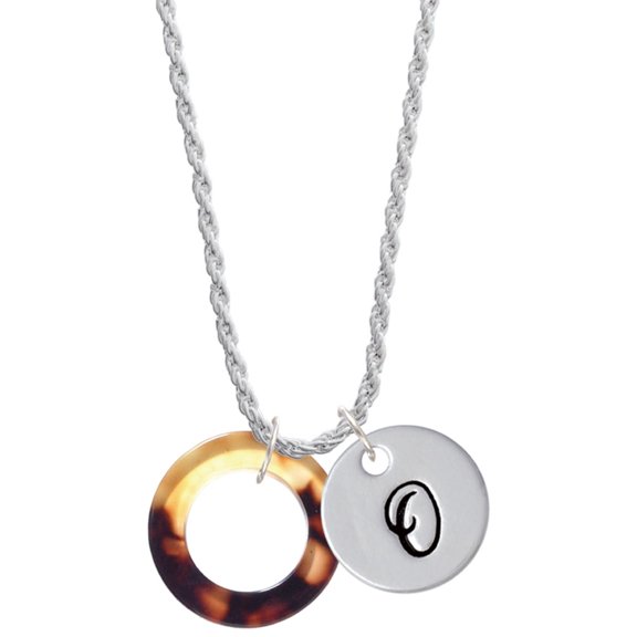 Delight Jewelry Acrylic 7/8" Ring Mixed Brown and Yellow Silvertone Script Initial Disc - O - Charm Necklace, 20" 3"