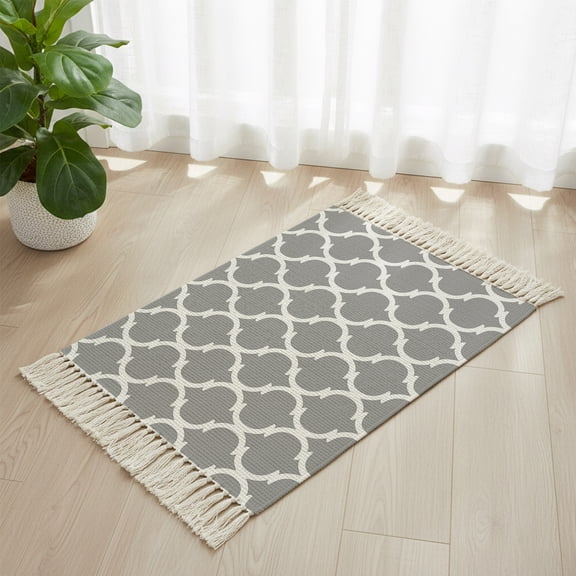 Bathroom Rug 2'x 3', Grey Morocco Plaid, Woven Cotton Washable Rug with Tassels, Abstract Non Slip Front Door Mat for Entrance, Doorway, Hallway, Laundry Room
