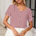 thumbnail image 2 of Women's Loose Round Neck Short Sleeve Jacquard T-Shirt with Buttons - Stylish Pattern, Comfort Fit, Machine Washable, Wide Size Range, 2 of 4