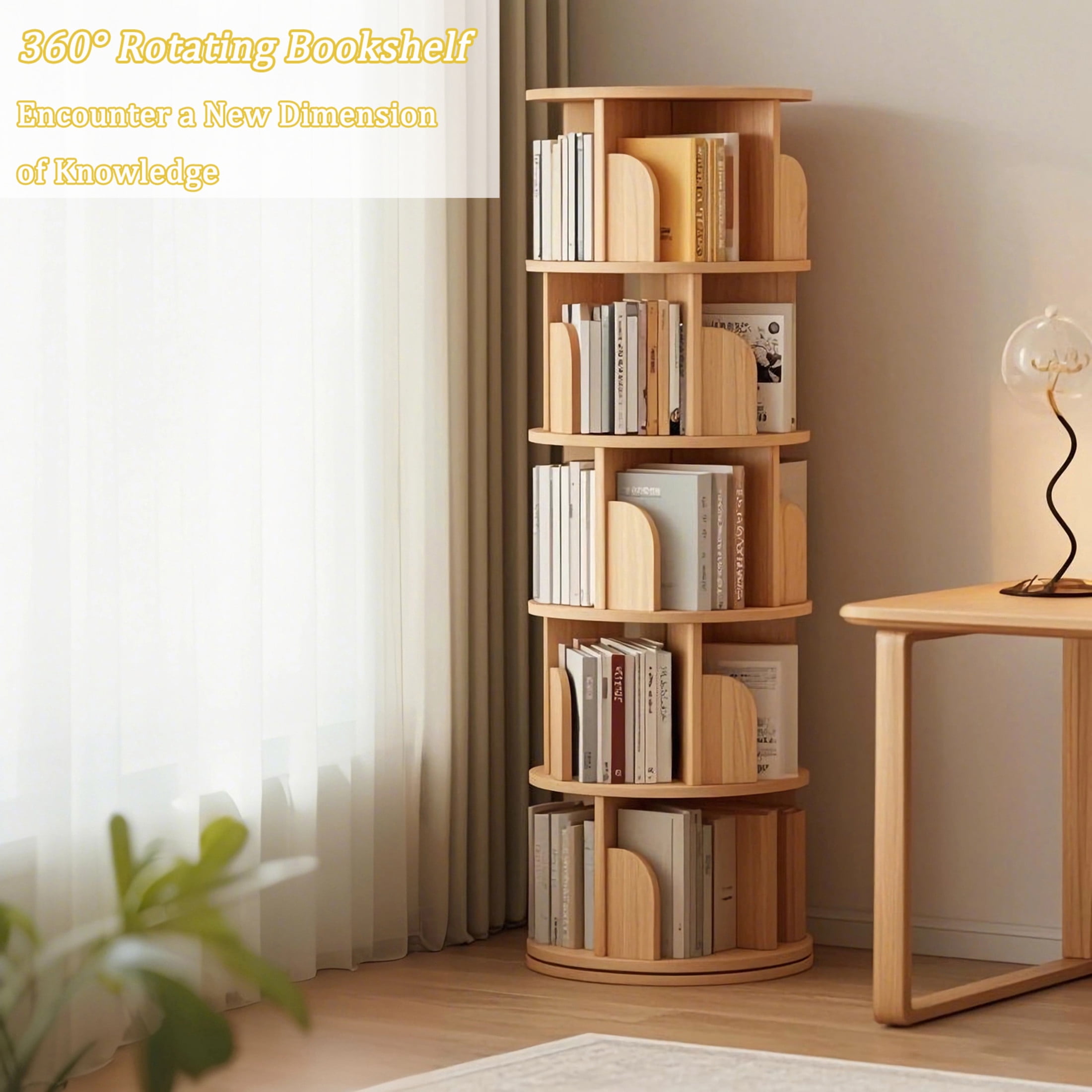 Noble House Pamela 5-Tier 360° Rotating Bookshelf, Round Display Tower, Space-Saving, for Home Office, Natural