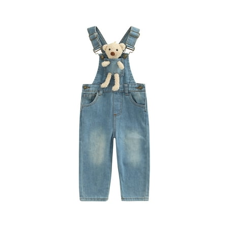 

SHIBAOZI Toddler Kids Baby Girls Boys Denim Autumn Overall Jean Jumpsuit Workwear with Cartoon Bear Doll