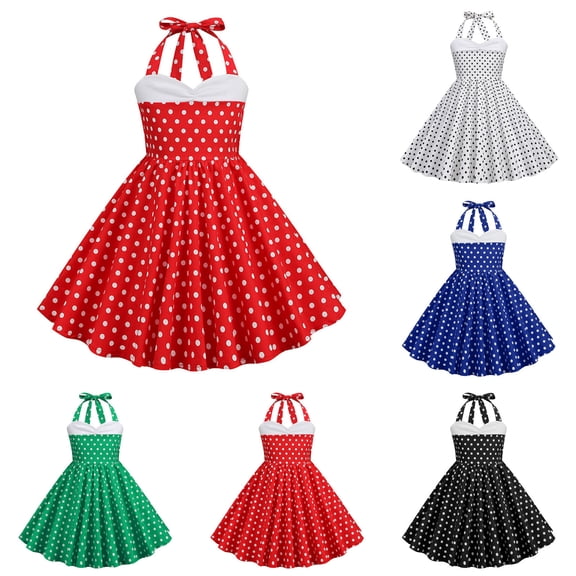 Ulanda Halter Pinup Dresses for Girls 50s Pin up Dress Girls Retro Dress 1950s Vintage Dress Kids A line Party 50's Polka Dot Dress (White, 7-8 Years)