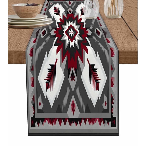 Ldtrchee Red Grey Boho Table Runner 72 Inches, Vintage Geometric Ethnic Abstract Bed Runner Dresser Scarves Tabletop for Indoor Outdoor Parties/Ceremony/Banquet, 14" x 72"