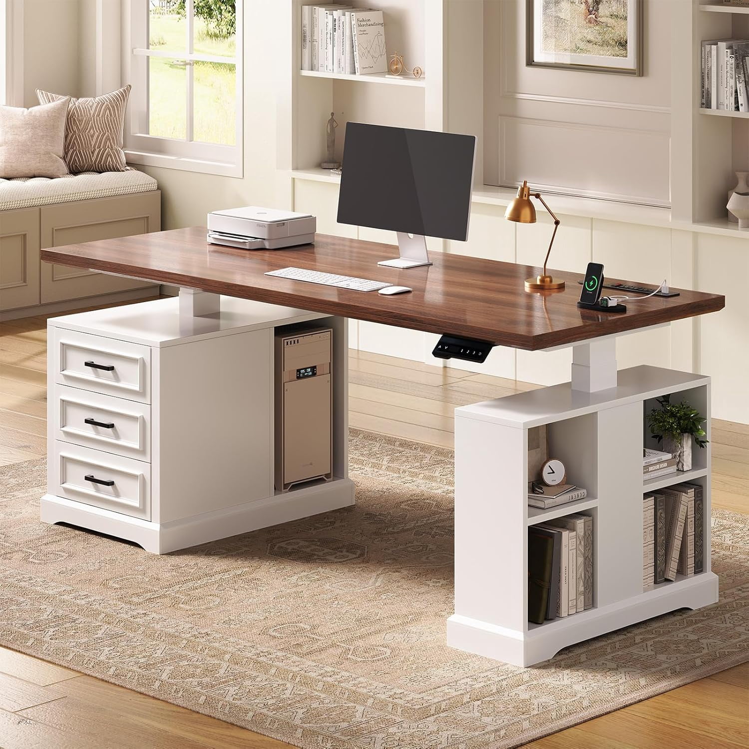 Standing Desk with 3 Wood Drawers, Farmhouse Computer Desk with Power Outlets & Open Shelves, 63" Height Adjustable Home Office Desk, Stand Up Desk with Storage, White