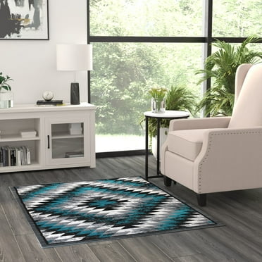 BizChair Area Rug Southwest Native Distressed Design 1106 Turquoise Grey White Black (4 Feet X 5 Feet)