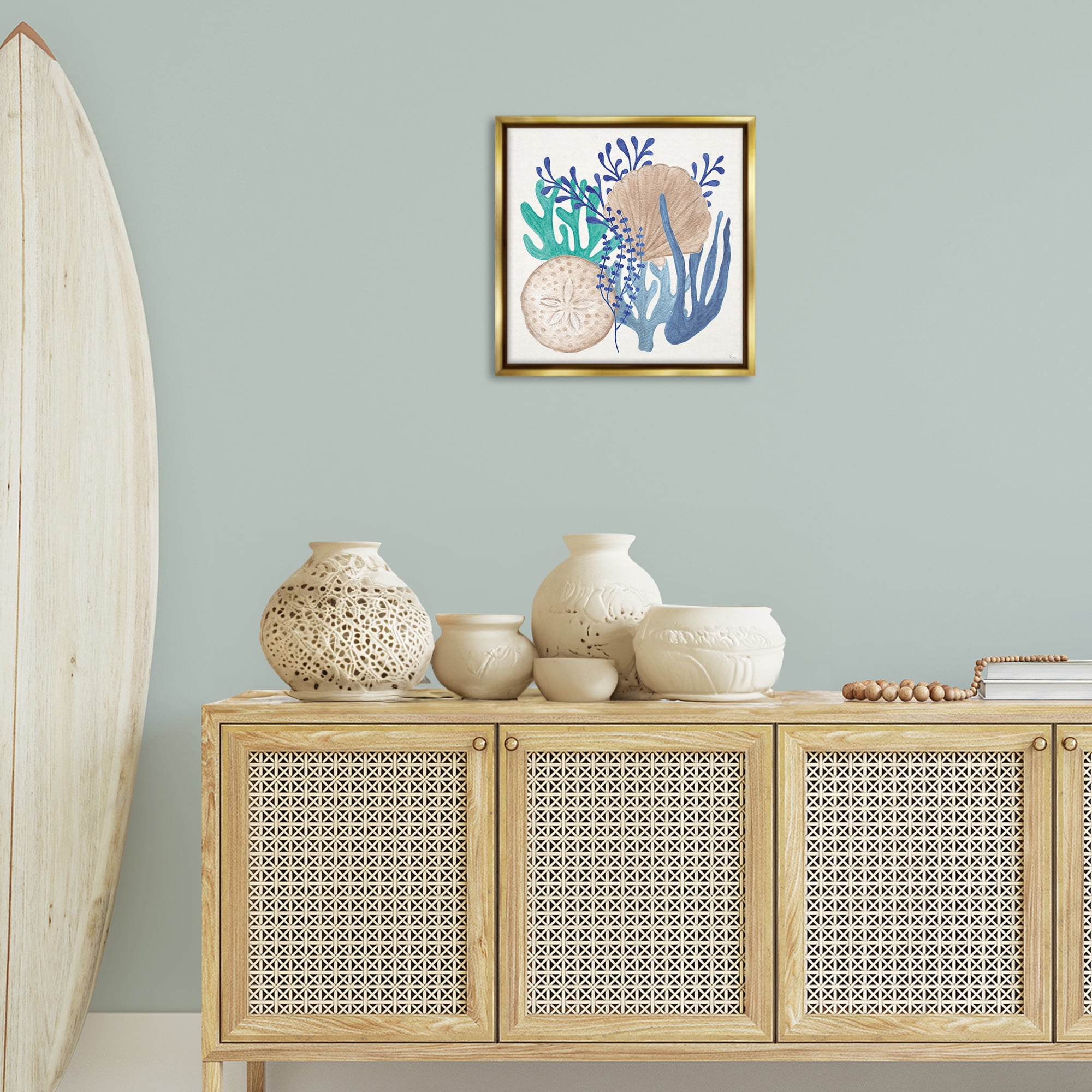 Stupell Industries Coastal Sea Life Nautical & Beach Painting Gold Floater Framed Canvas Art Print Wall Art, 18 x 18