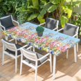 thumbnail image 2 of Pink Flowers Table Cloths for 6 Foot Rectangle Tables, Spring Floral Daisy Pastoral Botanical Sky Blue Patio Waterproof Elastic Fitted Tablecloths, Washable Rectangular Table Cover for Camping, 2 of 8