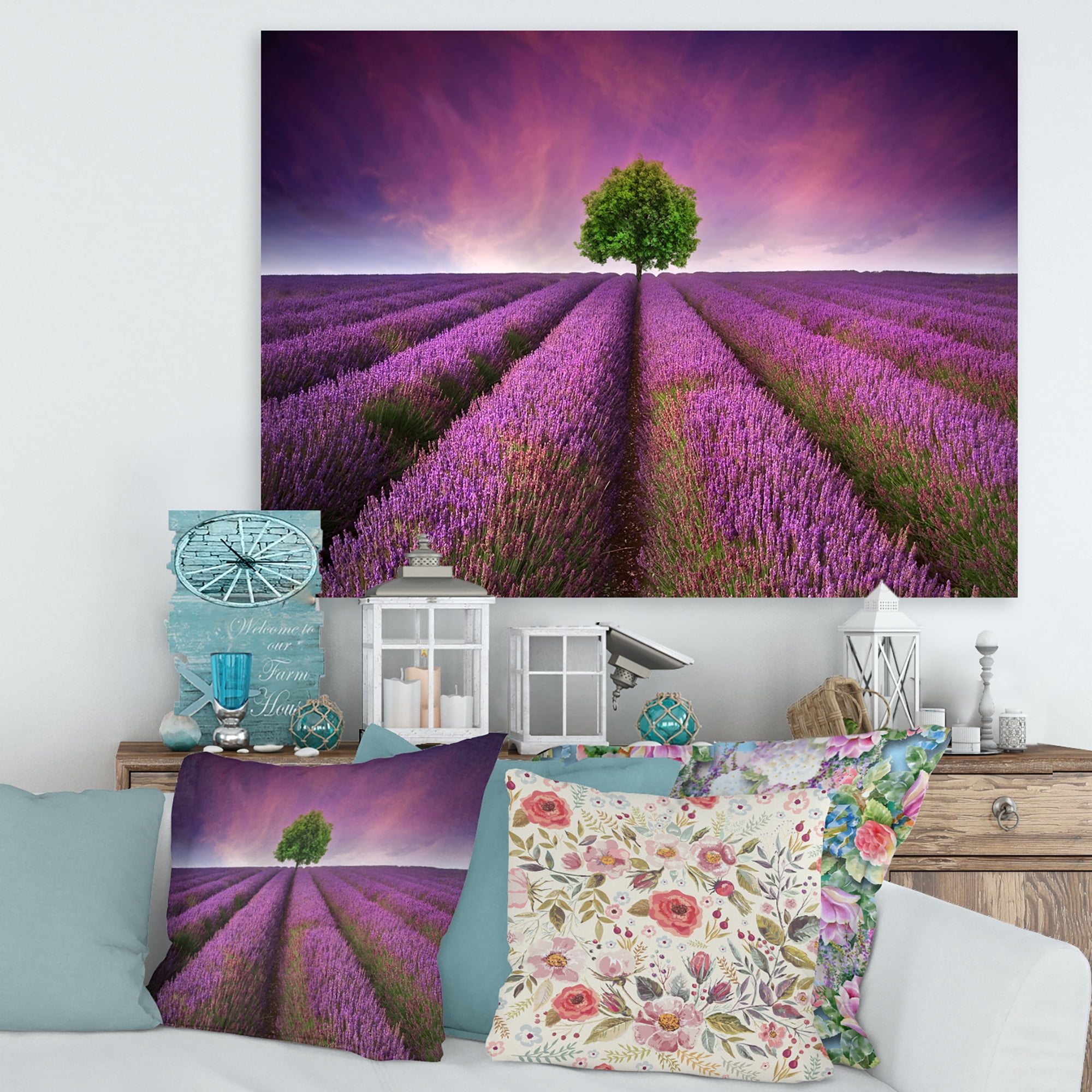 Designart ' Tree With Stunning Lavender Field Summer Sunset ' Farmhouse Canvas Wall Art Print