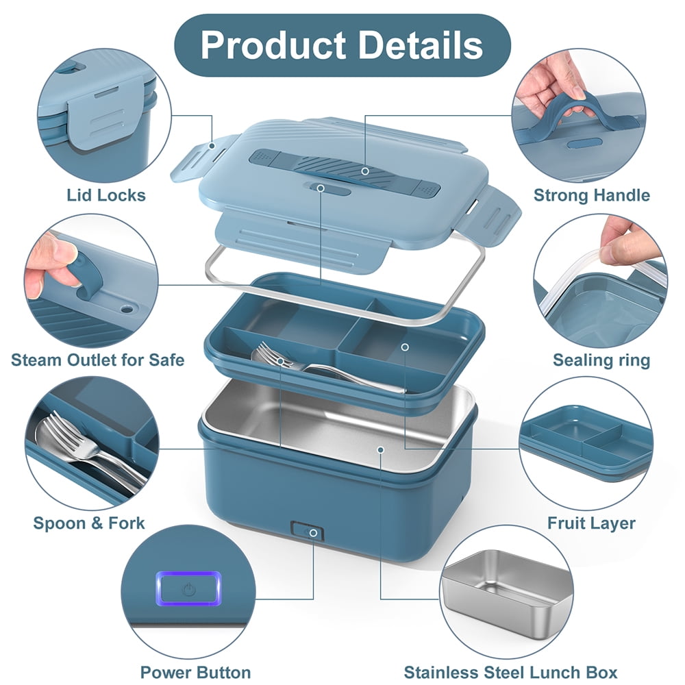 Vabaso Electric Lunch Box Food Heater, 1.8L/61oz Heated for Adults Car/Truck Home/Work, 60/80/100W Warmer Heating with Removable Stainless Steel Container, 12V/24V/110V220V Blue