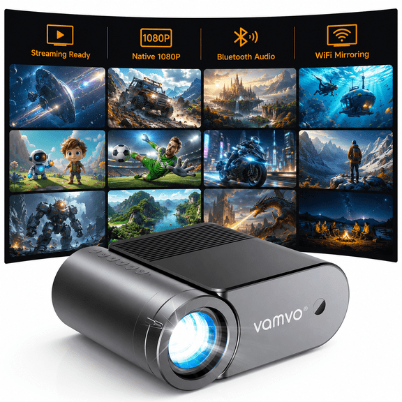 Vamvo Portable Projector with WiFi, 1080P Mini Movie Projector with 200 in Display, HDMI and USB, Built-in Speaker for Phone, Laptop, TV Stick and Game Console