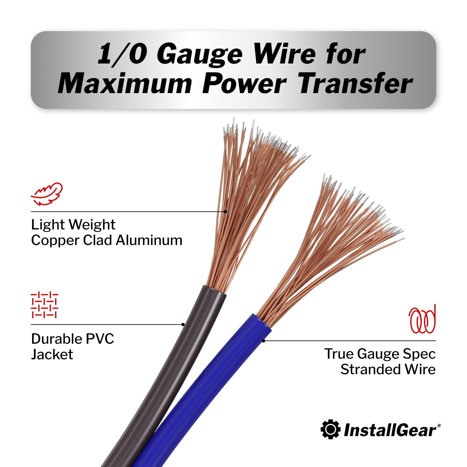 InstallGear 8 Gauge Wire (50ft) Copper Clad Aluminum CAA - Primary Automotive Wire, Car Amplifier Power and Ground Cable, Battery Cable, Car Audio Speaker Stereo, RV Trailer Wiring Welding Cable 8ga