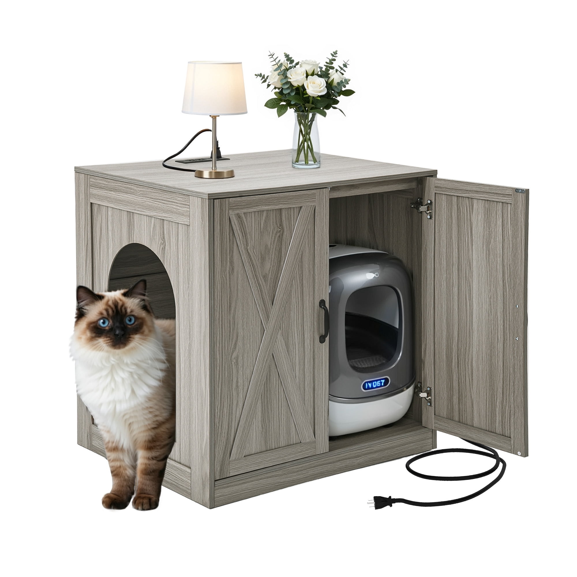Uforic Large Hidden Electric Litter Box Cabinet with Power Outlets, Wooden Cat Litter Box Enclosure for Self-Cleaning Litter Boxes, Indoor Storage Cat Furniture, Wash Grey
