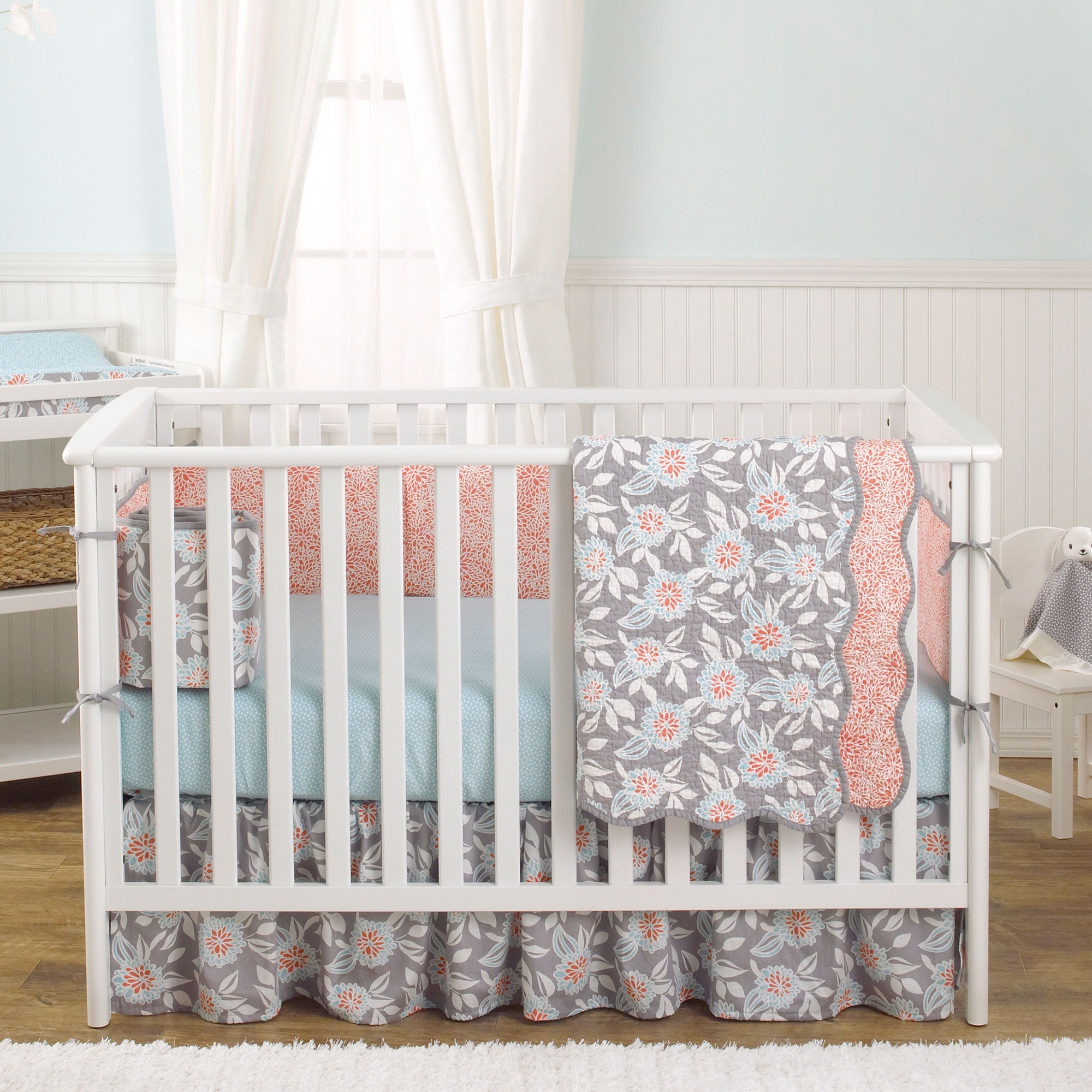 coral and grey crib bedding